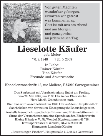Todesanzeige von Lieselotte Käufer von SAARBRÜCKER ZEITUNG