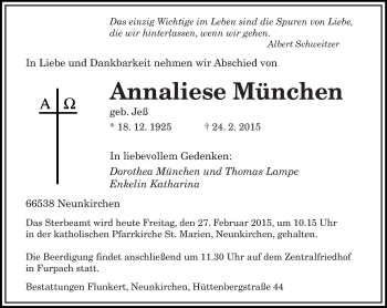 Todesanzeige von Annaliese München von saarbruecker_zeitung