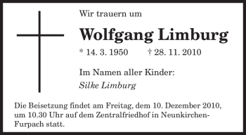 Todesanzeige von Wolfgang Limburg von SAARBRÜCKER ZEITUNG