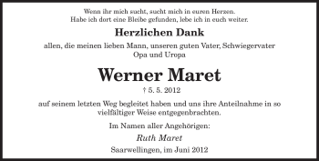 Todesanzeige von Werner Maret von SAARBRÜCKER ZEITUNG