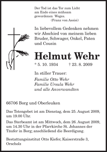 Todesanzeige von Helmut Wehr von SAARBRÜCKER ZEITUNG