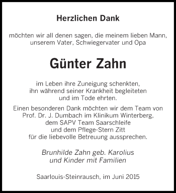 Todesanzeige von Günter Zahn von saarbruecker_zeitung