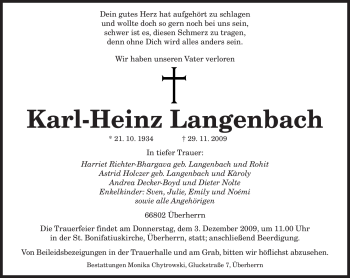 Todesanzeige von Karl-Heinz Langenbach von SAARBRÜCKER ZEITUNG