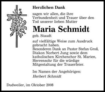 Todesanzeige von Maria Schmidt von SAARBRÜCKER ZEITUNG
