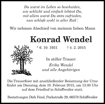 Todesanzeige von Konrad Wendel von saarbruecker_zeitung