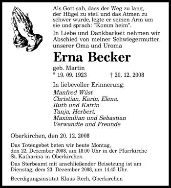 Todesanzeige von Erna Becker von SAARBRÜCKER ZEITUNG
