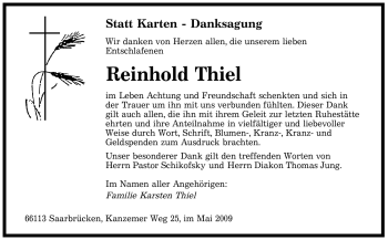 Todesanzeige von Reinhold Thiel von SAARBRÜCKER ZEITUNG