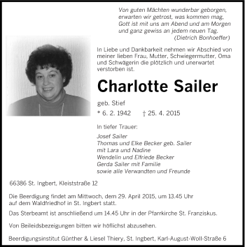 Todesanzeige von Charlotte Sailer von saarbruecker_zeitung