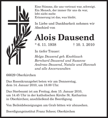 Todesanzeige von Alois Dausend von SAARBRÜCKER ZEITUNG