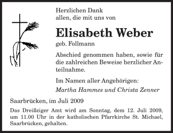 Todesanzeige von Elisabeth Weber von SAARBRÜCKER ZEITUNG