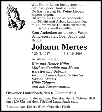 Todesanzeige von Johann Mertes von SAARBRÜCKER ZEITUNG