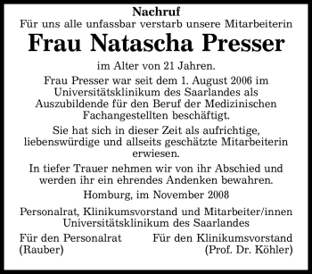 Todesanzeige von Natascha Presser von SAARBRÜCKER ZEITUNG