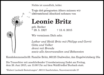 Todesanzeige von Leonie Britz von saarbruecker_zeitung
