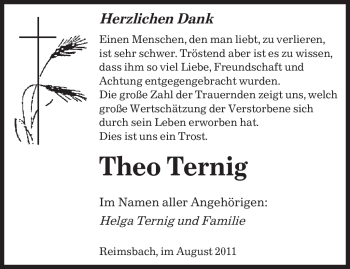Todesanzeige von Theo Ternig von SAARBRÜCKER ZEITUNG