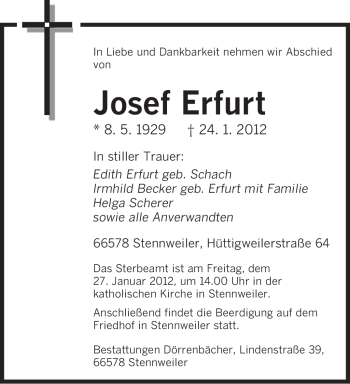 Todesanzeige von Josef Erfurt von SAARBRÜCKER ZEITUNG