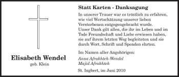 Todesanzeige von Elisabeth Wendel von SAARBRÜCKER ZEITUNG