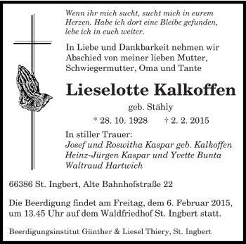 Todesanzeige von Lieselotte Kalkoffen von saarbruecker_zeitung