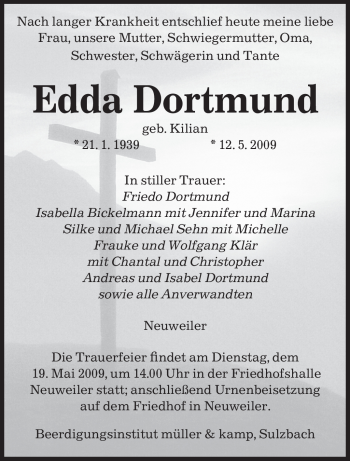 Todesanzeige von Edda Dortmund von SAARBRÜCKER ZEITUNG