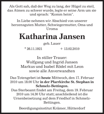 Todesanzeige von Katharina Jansen von SAARBRÜCKER ZEITUNG