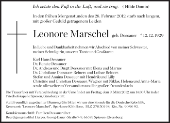 Todesanzeige von Leonore Marschel von SAARBRÜCKER ZEITUNG