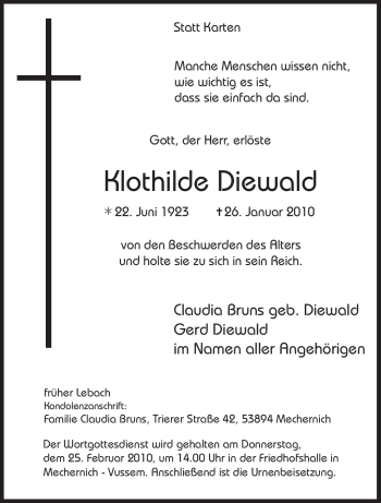 Todesanzeige von Klothilde Diewald von SAARBRÜCKER ZEITUNG