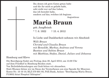 Todesanzeige von Maria Braun von SAARBRÜCKER ZEITUNG