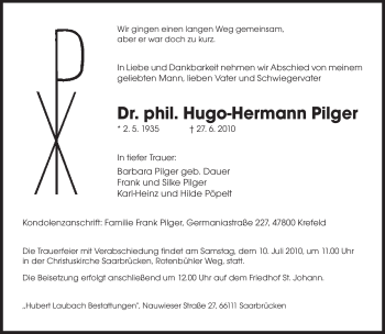 Todesanzeige von Hugo-Hermann Pilger von SAARBRÜCKER ZEITUNG