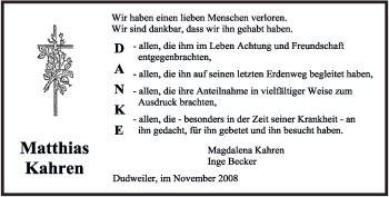 Todesanzeige von Matthias Kahren von SAARBRÜCKER ZEITUNG