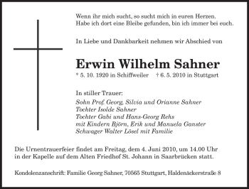Todesanzeige von Erwin Wilhelm Sahner von SAARBRÜCKER ZEITUNG