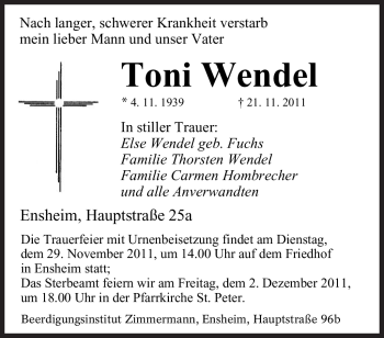 Todesanzeige von Toni Wendel von SAARBRÜCKER ZEITUNG