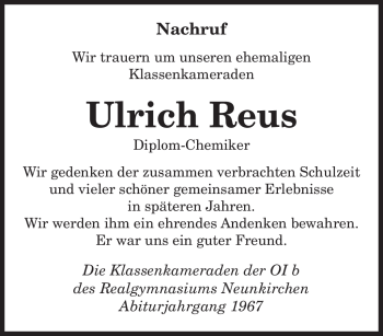 Todesanzeige von Ulrich Reus von SAARBRÜCKER ZEITUNG