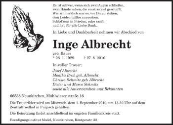 Todesanzeige von Inge Albrecht von SAARBRÜCKER ZEITUNG