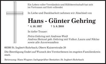 Todesanzeige von Hans - Günter Gehring von SAARBRÜCKER ZEITUNG