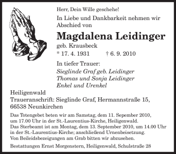 Todesanzeige von Magdalena Leidinger von SAARBRÜCKER ZEITUNG