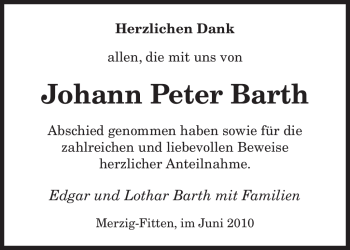 Todesanzeige von Johann Peter Barth von SAARBRÜCKER ZEITUNG