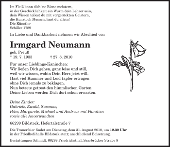 Todesanzeige von Irmgard Neumann von SAARBRÜCKER ZEITUNG
