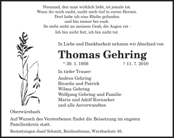 Todesanzeige von Thomas Gehring von SAARBRÜCKER ZEITUNG