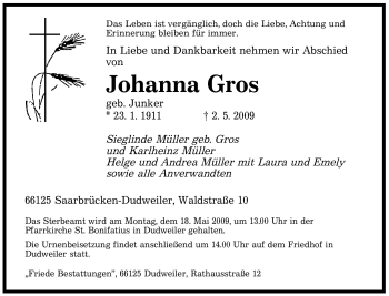 Todesanzeige von Johanna Gros von SAARBRÜCKER ZEITUNG
