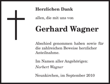 Todesanzeige von Gerhard Wagner von SAARBRÜCKER ZEITUNG