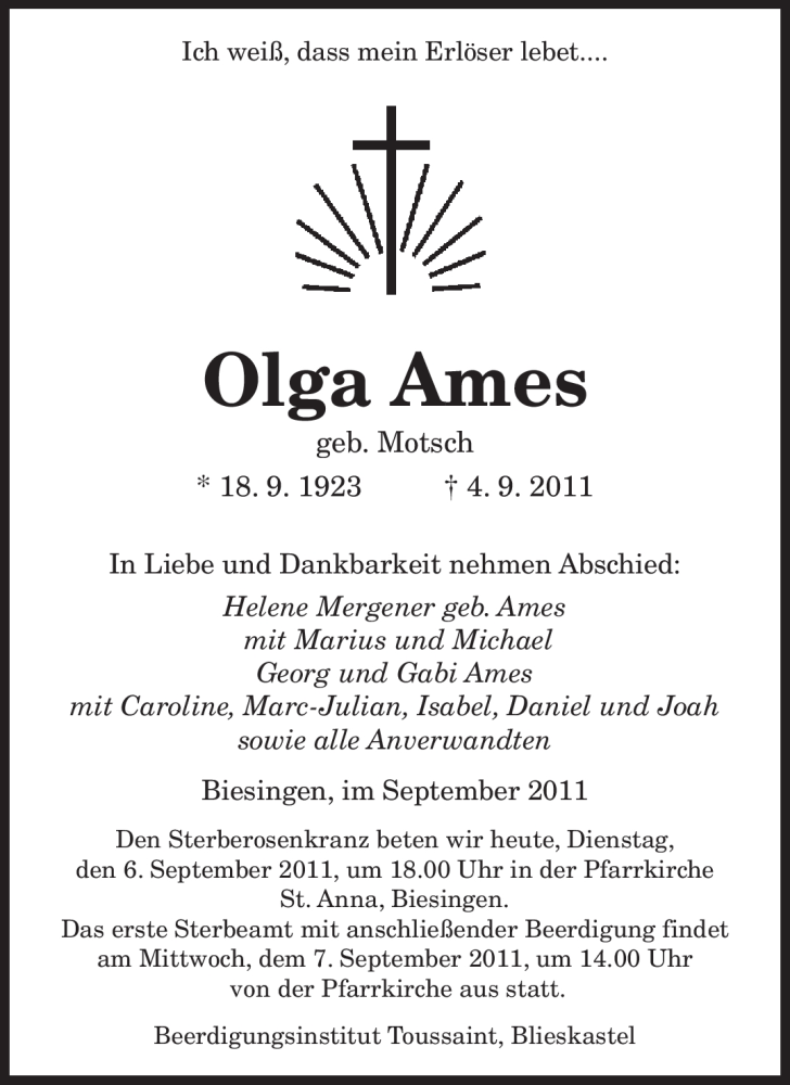  Traueranzeige für Olga Ames vom 06.09.2011 aus SAARBRÜCKER ZEITUNG