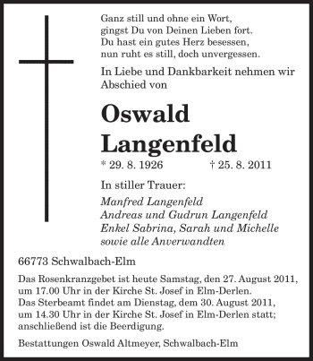 Todesanzeige von Oswald Langenfeld von SAARBRÜCKER ZEITUNG