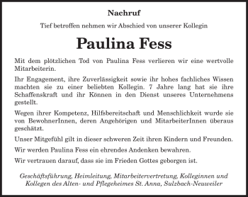 Todesanzeige von Paulina Fess von SAARBRÜCKER ZEITUNG
