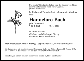 Todesanzeige von Hannelore Bach von SAARBRÜCKER ZEITUNG
