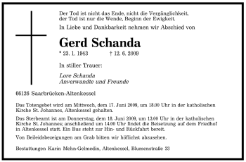 Todesanzeige von Gerd Schanda von SAARBRÜCKER ZEITUNG