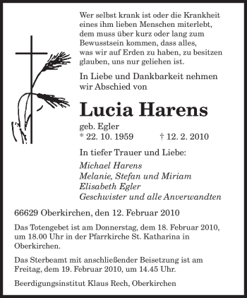 Todesanzeige von Lucia Harens von SAARBRÜCKER ZEITUNG