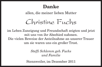 Todesanzeige von Christine Fuchs von SAARBRÜCKER ZEITUNG