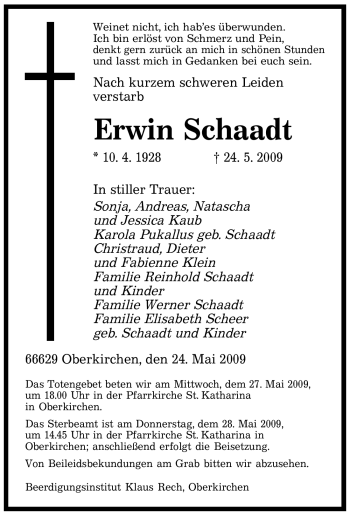 Todesanzeige von Erwin Schaadt von SAARBRÜCKER ZEITUNG