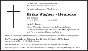 Todesanzeige von Erika Wagner - Heinicke von SAARBRÜCKER ZEITUNG