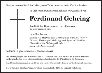 Todesanzeige von Ferdinand Gehring von SAARBRÜCKER ZEITUNG