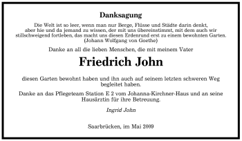 Todesanzeige von Friedrich John von SAARBRÜCKER ZEITUNG
